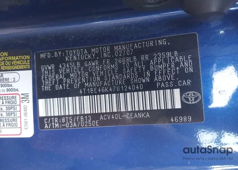 2007 Toyota Camry Ce из США, поврежденный, VIN 4T1BE46K47U124040